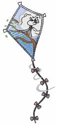 Whimsical kite soaring in a bright blue sky with fluffy clouds, adorned with a colorful tail and bows.