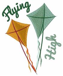 Two colorful kites soaring in spring with whimsical text 'Flying High' in soft green, perfect for outdoor themes.