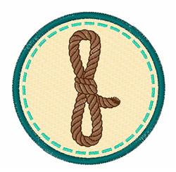 Applique knot in rich brown on a beige background, framed by a playful teal stitch outline.