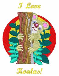 Playful koala clinging to a tree trunk, vibrant green leaves surround it, against a red circle backdrop.