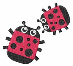 Cartoon ladybug design with red body, black spots, and cheerful eyes, perfect for playful children's items.
