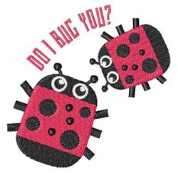 Playful ladybug applique design featuring two cartoonish red ladybugs with black spots, set on a white background.