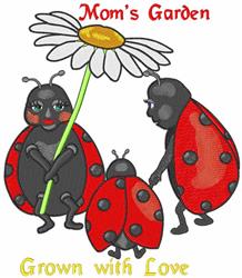 Colorful ladybug holding a white daisy in spring. Whimsical design with 'Mom's Garden' text adds charm.