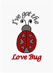Cheerful red ladybug applique with hearts, featuring grey text saying 'I've got the' and 'Love Bug' for Valentine's Day.