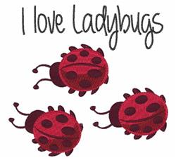 Playful ladybug design featuring three red ladybugs with black spots, colorful accents, and whimsical text.