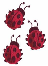 Playful ladybug trio with red bodies, black spots, and curved antennae, perfect for children's décor.