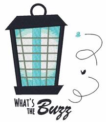 Playful lantern in turquoise and black featuring 'What's the Buzz' text, a bee graphic, and swirling lines.