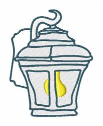 Decorative lantern featuring a sleek metal body, glass panes, and a yellow bulb, designed in a minimalist style.