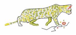 Playful large cat in profile, adorned with vibrant yellow patterns, green limbs, and red accents.