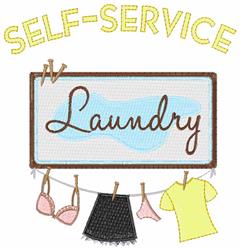 Playful laundry sign with 'Laundry' in cursive, blue background, colorful clothes hanging on a line.