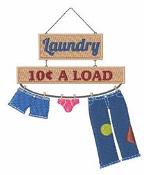 Playful laundry sign with the words 'Laundry' and '10¢ A Load', showcasing colorful shorts, a pink underwear, and jeans hangi