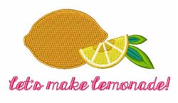 Bright yellow lemon and slice with green leaves, featuring cheerful pink text 'let's make lemonade!' for summer.