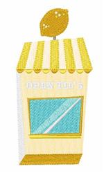 Cheerful lemonade stand with a yellow and white striped awning, bright lemon on top, and blue window, perfect for summer.