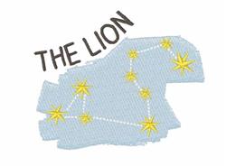 Playful constellation design featuring a lion with bright yellow stars on a light blue background, showcasing 'THE LION' text