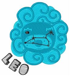 Stylized lion face in bright turquoise with cloud-like curls and constellation details, perfect for children's designs.