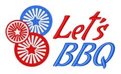 Let's BBQ text design with blue lettering and red accents, featuring circular motifs for a cheerful summer vibe.
