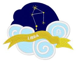 Libra constellation with yellow stars on a dark blue cloud backdrop, framed by a light blue swirl and a bold 'LIBRA' banner.