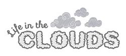 Playful text design 'Life in the CLOUDS' with whimsical gray clouds, creating a light and airy feel.