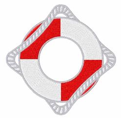 Lifebuoy design with red and white alternating panels, outlined in gray for a playful nautical theme.