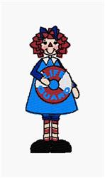 Cartoon female lifeguard with curly red hair in a blue dress, holding a lifebuoy, wearing striped stockings.