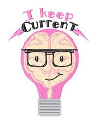 Playful pink light bulb with a brain and glasses, featuring the text 'I keep Current' with lightning bolts.