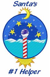Colorful lighthouse design with red and white stripes, stars, and crescent moon, perfect for Christmas decor.