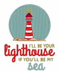 Playful lighthouse with red and white stripes, soft blue background, and colorful quote 'I'LL BE YOUR lighthouse IF YOU'LL BE