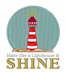 Playful lighthouse with red and white stripes, glowing rays, and golden text 'Make like a Lighthouse & SHINE'.