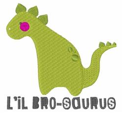 Playful green dinosaur with pink eye and fin-like spikes, featuring 'L'il Bro-saurus' text, perfect for kids.