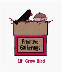 Primitive crow bird sitting on a brown box with pink accents, accompanied by an acorn, perfect for rustic decor.