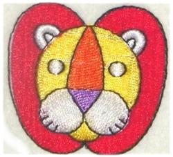 Whimsical lion head in vibrant yellow, red, and purple, featuring large expressive eyes and exaggerated mane. Standard design