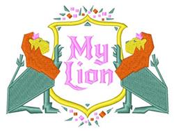 Colorful lion shield with vibrant orange and teal lions, pink accents, and playful 'My Lion' text.