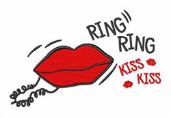 Playful lips design for Valentine's Day with bold red lips, whimsical phone cord, and black text saying 'KISS KISS'.