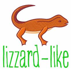 Playful lizard with an elongated tail in vibrant orange, featuring 'lizzard-like' text below in green.