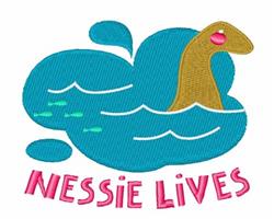 Playful Loch Ness monster emerging from blue water, with a pink eye and waves, featuring 'NESSIE LIVES' caption.