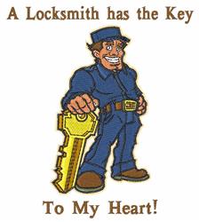 Playful locksmith in blue uniform holds a golden key with vibrant colors, celebrating Valentine's Day.