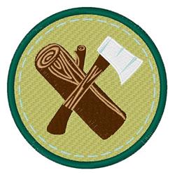 Cartoonish stack of brown logs crossed with a silver axe, set in a light green circular border.