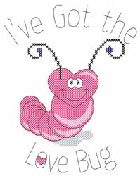 Cross stitch pink caterpillar with heart shape, big eyes and curly antennas, celebrates Valentine's Day.