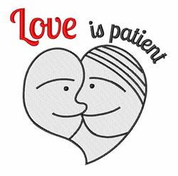 Two abstract faces form a heart in a playful style for Valentine's Day. 'Love' in bold red above, 'is patient' in black below