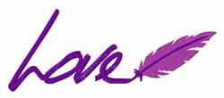 Word art featuring 'love' in flowing purple script, complemented by a delicate feather; ideal for Valentine's Day decor.