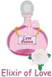 Whimsical pink potion bottle labeled 'Love Potion' with a bow and a white rose, perfect for Valentine's Day decor.