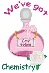 Pink bottle labeled 'Love Potion' with ribbon and white rose, perfect for Valentine's Day gifts.