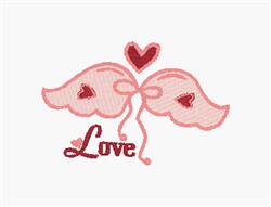 Whimsical pink wings with red hearts and the stitched word 'Love', perfect for Valentine's Day decor.