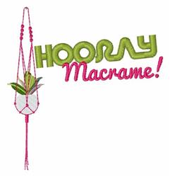 {
"altText":"Macrame plant holder cradling a small green plant, with whimsical green and pink lettering saying 'Hooray Mac