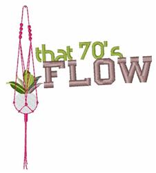Vintage macrame plant holder with a lush green plant, colorful text saying 'that 70's FLOW', playful design.