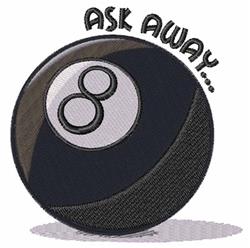Cartoonish magic 8 ball with shiny black surface, bold white number 8, and playful text 'ASK AWAY...'