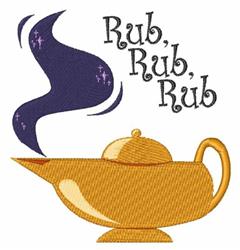 Magic lamp with golden hues, rising purple smoke, and whimsical text for playful embroidery design.