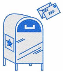 Playful blue mailbox with a star emblem and an envelope flying towards it, perfect for cheerful decor.