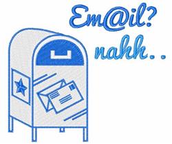 Playful blue mailbox with open slot, revealing colorful envelopes. Whimsical text 'Em@il? nahh..' adds charm.