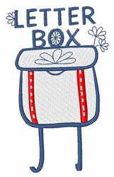 Playful mailbox design with white body and red stripes, featuring 'LETTER BOX' in bold blue and a delicate flower.